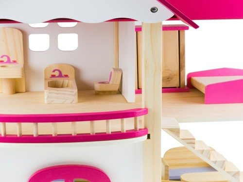 Drewniany różowy domek dla lalek + akcesoria